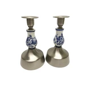 Vintage Pair of Blue White Floral Motif Ceramic & Pewter Candle Holder Delft 90s